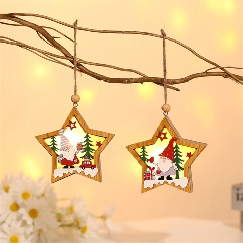 Pendaglio Natalizio in Legno Luminoso Design Gnomo Nordico Pino LED Stella Tondo Decorazioni per Albero di Natale Regalo Feste