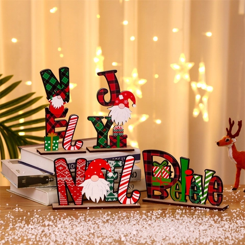 Christmas Wooden Letter Ornament Gnome Plaid NOEL Believe JOY Desktop Decoration For Home Holiday Party Tabletop Decor
