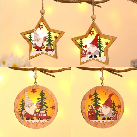 Pendaglio Natalizio in Legno Luminoso Design Gnomo Nordico Pino LED Stella Tondo Decorazioni per Albero di Natale Regalo Feste
