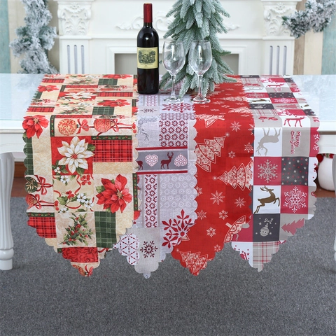 Christmas Table Runner Polyester Scalloped Edge Reindeer Snowflake Printed Holiday Dining Party Home Decor European Style
