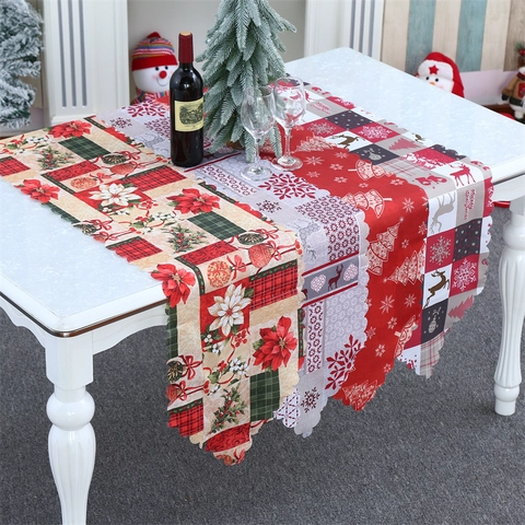 Christmas Table Runner Polyester Fabric Holiday Dining Decor Reindeer Poinsettia Plaid Scalloped Edge Home Party Decor