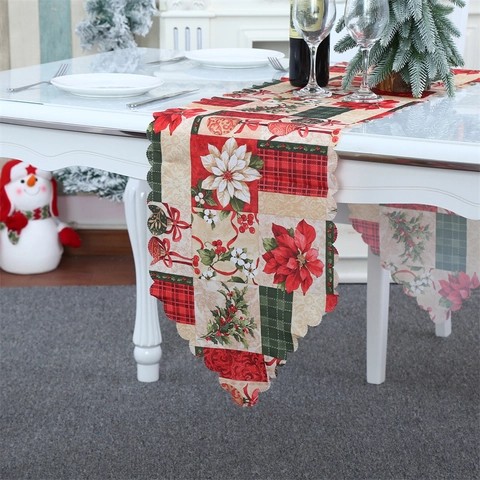 Christmas Table Runner Polyester Scalloped Edge Reindeer Snowflake Printed Holiday Dining Party Home Decor European Style