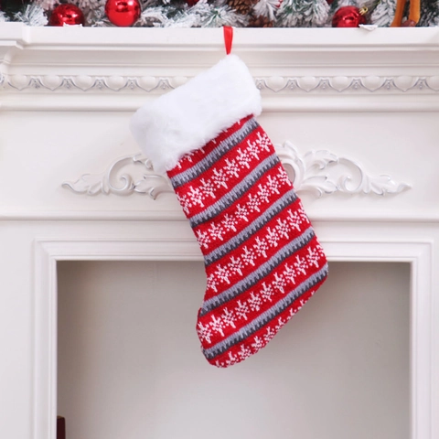 Large Knitted Christmas Stocking Red White Snowflake Striped Xmas Tree Pattern Plush Cuff Hanging Gift Bag Home Decor