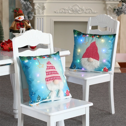 Christmas LED Light Up Cushion Cover Gnome Tomte Pattern With 3D Plush Beard Faux Linen Festive Xmas Home Decor