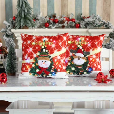 Taie D'Oreiller Lumineuse À LED De Noël Imprimé Bonhomme De Neige Renne Lin Rouge Décor De Fête Welcome Design