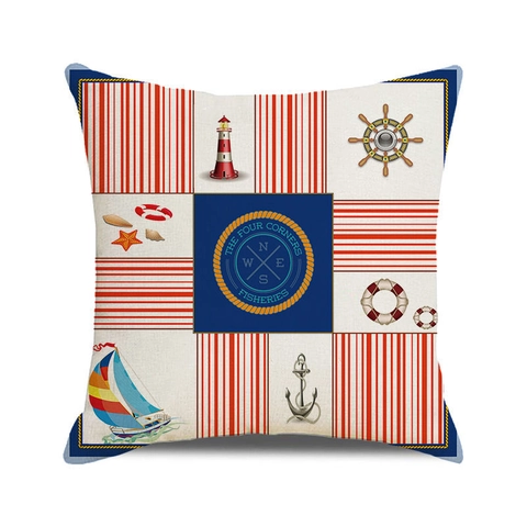 Nautical Theme Cushion Cover Linen Blend Decorative Square Throw Pillow Case For Home Living Room Anchor Lighthouse Ship Print