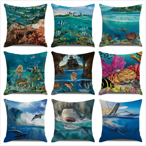 Ocean Theme Cushion Cover Linen Blend Watercolor Shark Whale Sea Turtle Coral Print Square Decorative Pillow Case Home