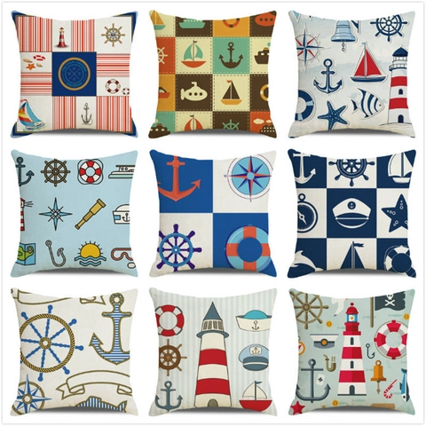 Nautical Theme Cushion Cover Linen Blend Decorative Square Throw Pillow Case For Home Living Room Anchor Lighthouse Ship Print