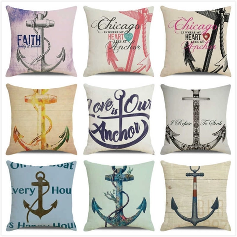 Nautical Anchor Sailboat Vintage Linen Decorative Pillowcase Retro Sea Map Cushion Cover For Home Living Room Sofa Decor