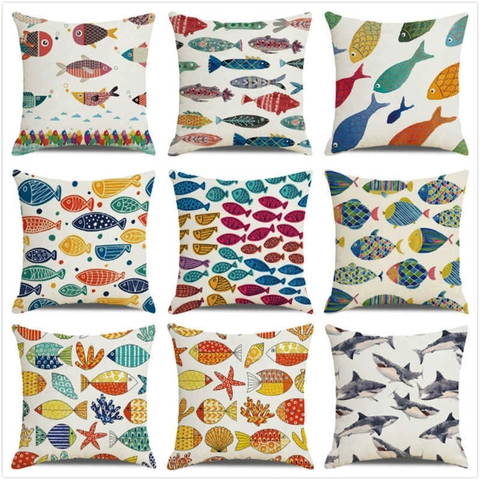 Linen Nautical Cushion Cover Watercolor Ocean Animal Shark Whale Decorative Pillowcase For Sofa Living Room Home Decor