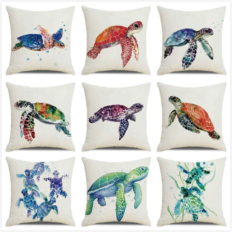Aquarel Zeeschildpad Print Linnen Kussenhoes Amerikaans Landelijk Kuststijl Zeedieren Vierkante Kussensloop Voor Sofa Woonkamer Slaapkamer Huisdecoratie