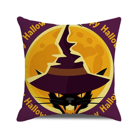 Halloween Deko Kissenbezug Leinen Kissenhülle Aquarell Kürbis Hexe Schwarze Katze Muster Sofa Home Decor Quadratisch