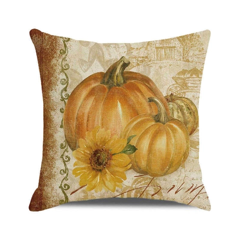 Funda de Cojín de Lino para Acción de Gracias Calabaza de Acuarela Girasol Hoja de Arce Cosecha de Otoño Funda de Almohada Decorativa para Sofá Hogar