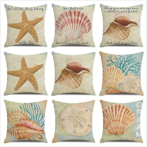 Ocean Theme Decorative Pillow Cover Linen Coastal Nautical Starfish Conch Seashell Cushion Case For Sofa Bed Living Room