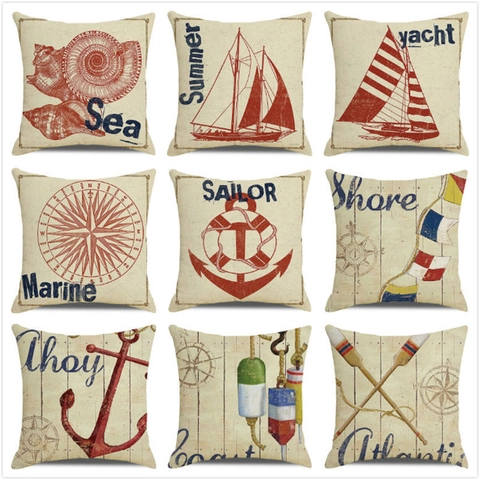 Housse De Coussin En Lin Nautique Vintage Imprimé Ancre Voilier Décoratif Côtier Pour Canapé Salon Décoration Maison