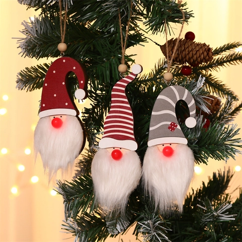 Luminous Christmas Gnome Hanging Ornaments With LED Red Nose Faux Fur Beard Wood Bead For Festive Tree Party Decor