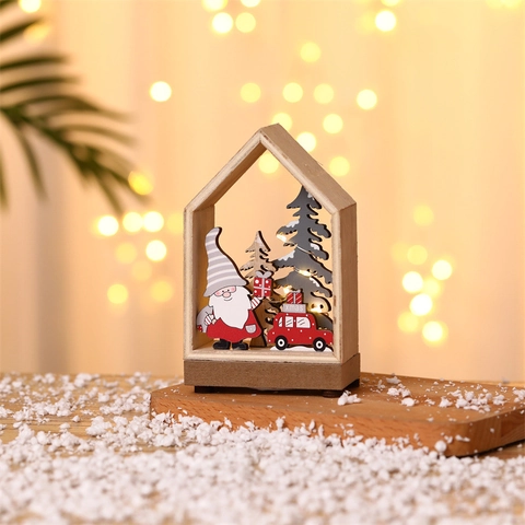 Kerst Lichtgevend Houten Huis Ornament Met Warm LED Licht Noorse Kabouter Scène Decor Kerst Tafel Decoratie Kleine Hut