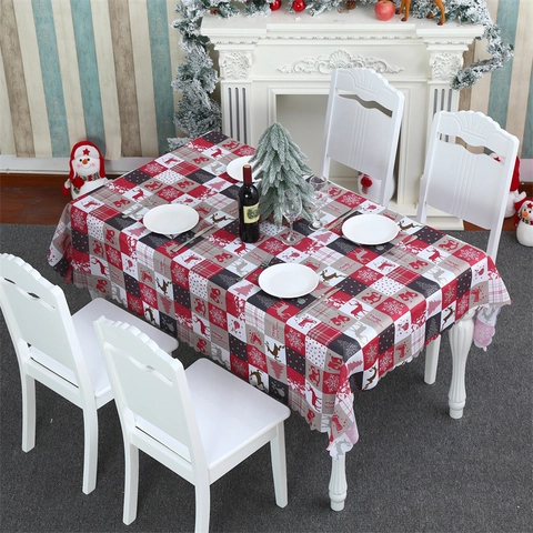 Christmas Rectangular Tablecloth Polyester Plaid Gnome Reindeer Printed Table Cover Holiday Home Party Dining Room Decor
