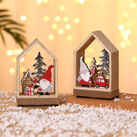 Kerst Lichtgevend Houten Huis Ornament Met Warm LED Licht Noorse Kabouter Scène Decor Kerst Tafel Decoratie Kleine Hut