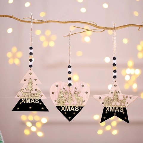 Houten Kersthangers Rendier Sneeuwpop Gouden Glitters Xmas Ster Hart Boom Vormige Feestelijke Huis Feest Decoratie