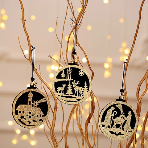 Adornos Colgantes de Navidad de Madera Calada Negro Oro Purpurina Nacimiento Reno Iglesia Con Campana para Decoración Árbol Navidad