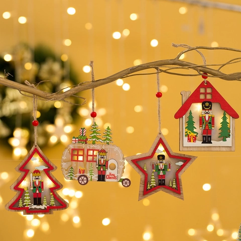 LED Nutcracker Wooden Christmas Hanging Ornament Tree House Car Star Pattern Festive Home Decor Glow Holiday Light Up Pendant