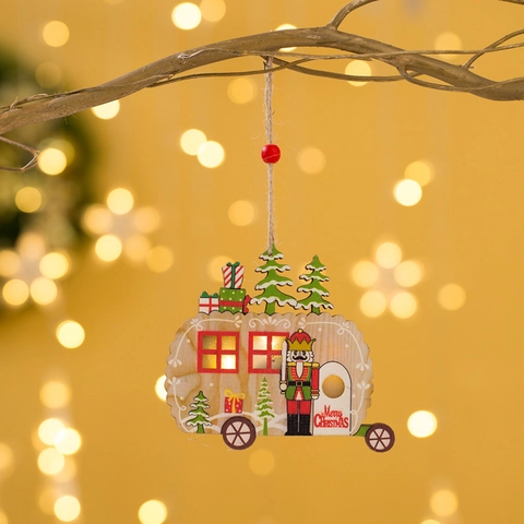 LED Nutcracker Wooden Christmas Hanging Ornament Tree House Car Star Pattern Festive Home Decor Glow Holiday Light Up Pendant