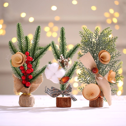 Mini Christmas Tree Artificial Desktop Ornament PVC Wood Burlap Tabletop Decoration Rural Farmhouse Style Berry Cotton