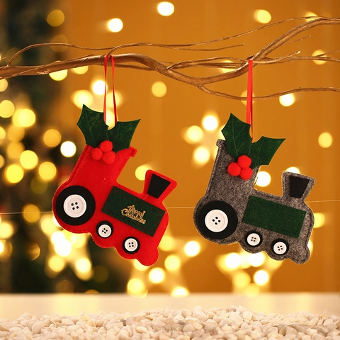 Ornamento Appeso Treno Di Natale In Feltro Tessuto Cartone Animato Decorazione Albero Vacanze Con Ruote Bottone Ricamo
