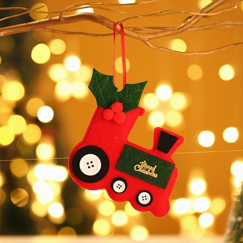 Ornamento Appeso Treno Di Natale In Feltro Tessuto Cartone Animato Decorazione Albero Vacanze Con Ruote Bottone Ricamo
