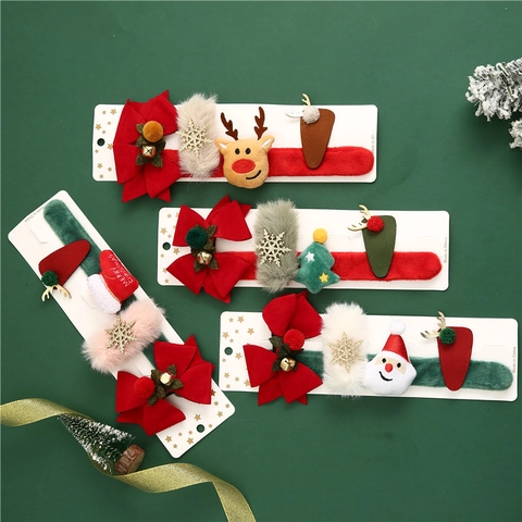 Set Di Accessori Per Capelli Natalizi Con Bracciale Slap Fermagli In Peluche Babbo Natale Renna Albero Per Bambini Decorazione Festa Regalo