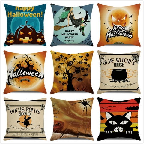 Halloween Deko Kissenbezug Leinen Kissenhülle Aquarell Kürbis Hexe Schwarze Katze Muster Sofa Home Decor Quadratisch