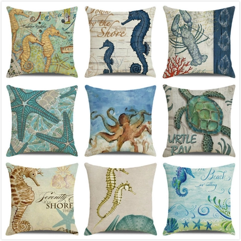 Watercolor Marine Animal Linen Pillowcase Seahorse Starfish Turtle Coastal Decorative Cushion Cover For Sofa Living Room Home Decor