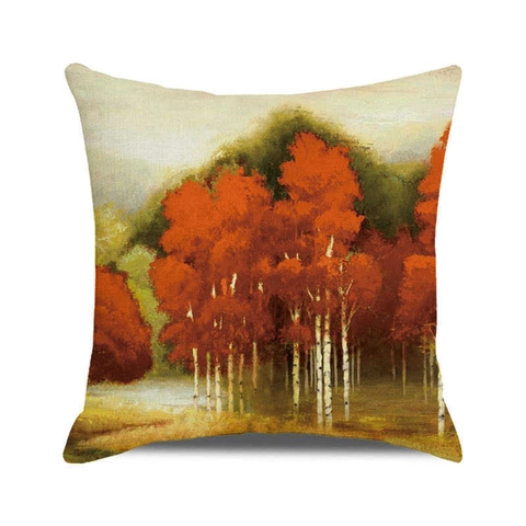Autumn Forest Oil Painting Artistic Linen Texture Square Cushion Cover Happy Thanksgiving Fall Home Decor Sofa Throw Pillowcase