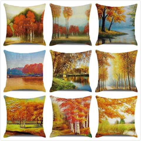 Autumn Forest Oil Painting Artistic Linen Texture Square Cushion Cover Happy Thanksgiving Fall Home Decor Sofa Throw Pillowcase