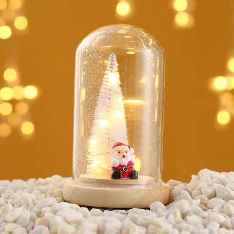 Leuchtendes Mini Weihnachtsbaum Glasglocke Ornament Mit LED Licht Holzsockel Desktop Dekor Festliches Geschenk