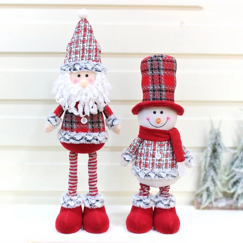 Muñeco De Peluche De Papá Noel Y Muñeco De Nieve De Navidad Piernas Largas Retráctiles Tela A Cuadros Adorno De Hogar