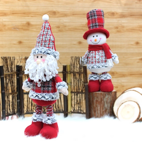Muñeco De Peluche De Papá Noel Y Muñeco De Nieve De Navidad Piernas Largas Retráctiles Tela A Cuadros Adorno De Hogar