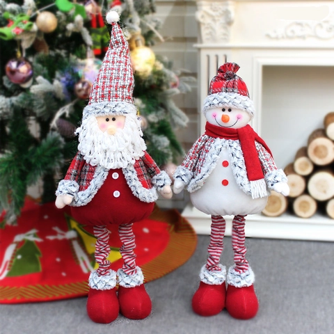 Babbo Natale Pupazzo Di Neve Bambola Peluche Gambe Telescopiche Tessuto Scozzese Decorazione Festa In Casa Ornamento