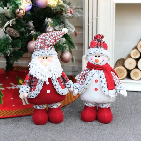 Babbo Natale Pupazzo Di Neve Bambola Peluche Gambe Telescopiche Tessuto Scozzese Decorazione Festa In Casa Ornamento