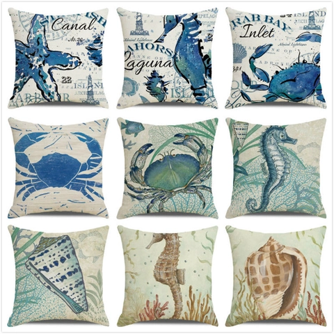 Vintage Küsten Ozean Meerestiere Kissenbezug Leinen Baumwolle Mischung Aquarell Marine Thema Deko Für Sofa Bett