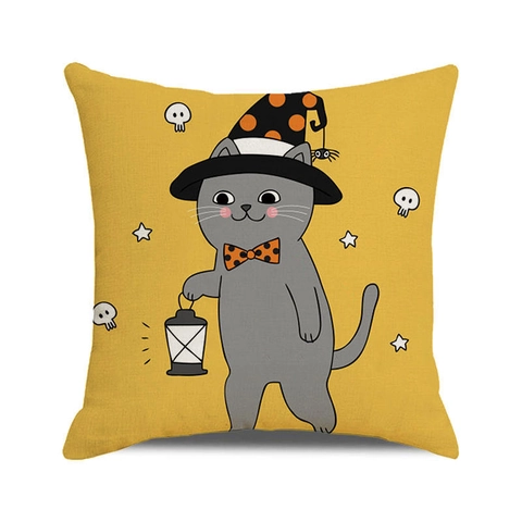 Halloween Deko Leinen Kissenbezug Aquarell Kürbis Schwarze Katze Zaubererhut Fledermaus Geist Quadratischer Kissenbezug Für Sofa Haus Party