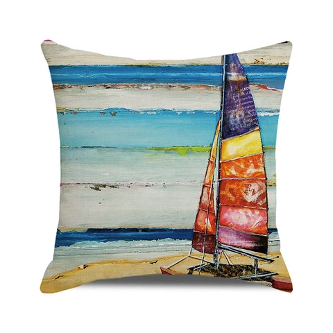 Summer Coastal Beach Nautical Oil Painting Linen Decorative Pillowcase Square Cushion Cover For Sofa Living Room Home Decor