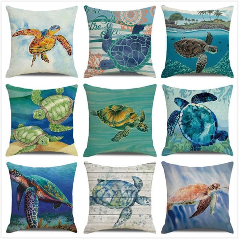 Watercolor Sea Turtle Linen Throw Pillow Cover Ocean Animal Nautical Theme Decorative Square Cushion Case for Sofa Home Decor