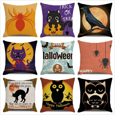 Halloween Deko Leinen Kissenbezug Aquarell Kürbis Schwarze Katze Zaubererhut Fledermaus Geist Quadratischer Kissenbezug Für Sofa Haus Party