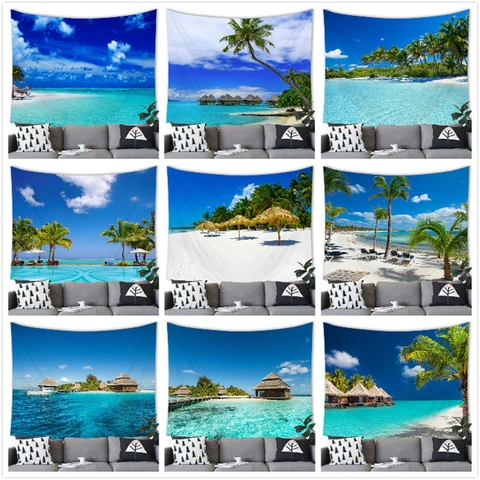 Tropical Beach Tapestry Wall Hanging Ocean Scenery Island Sunset Palm Tree Decor Polyester Fabric For Bedroom Living Room Home