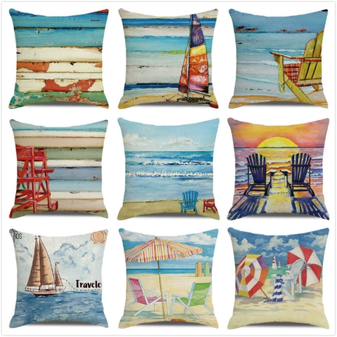 Summer Coastal Beach Nautical Oil Painting Linen Decorative Pillowcase Square Cushion Cover For Sofa Living Room Home Decor