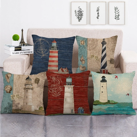 Vintage Nautical Lighthouse Anchor Linen Throw Pillowcase Marine Theme Cushion Cover For Sofa Living Room Home Decor Office
