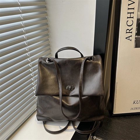 Sac à Dos en Cuir PU pour Femmes Style Preppy Rétro Sac à Bandoulière Étudiant Grande Capacité Sac à Main Décontracté
