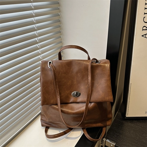 Sac à Dos en Cuir PU pour Femmes Style Preppy Rétro Sac à Bandoulière Étudiant Grande Capacité Sac à Main Décontracté